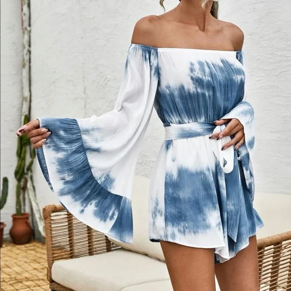 Boho Tie Dye Ombré Print Off Shoulder Flare Flounce Sleeve Romper Jumper - Picture 5 of 6
